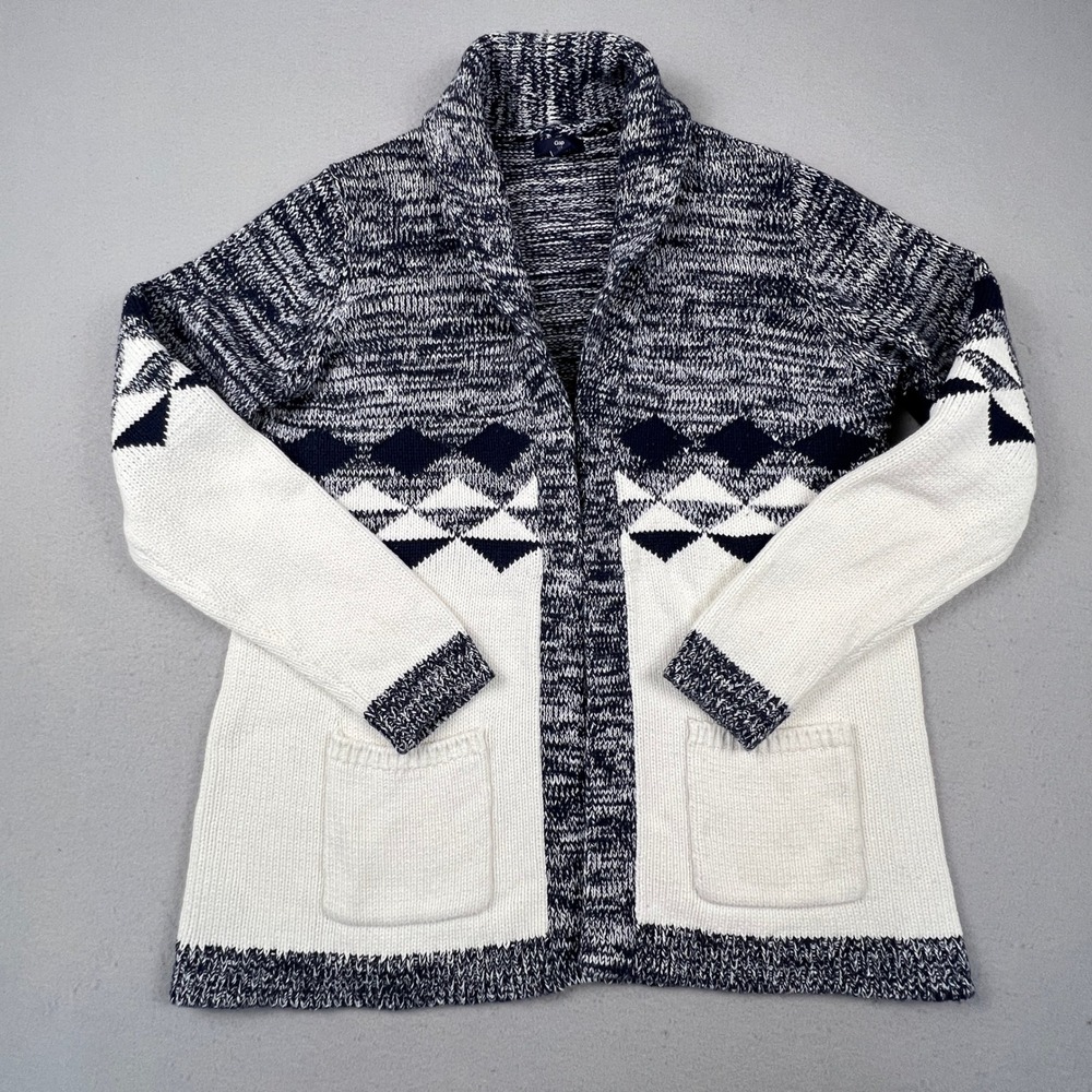 Gap Cardigan Sweater Womens Large Blue White Geometric Fair Isle Shawl Knit Cozy